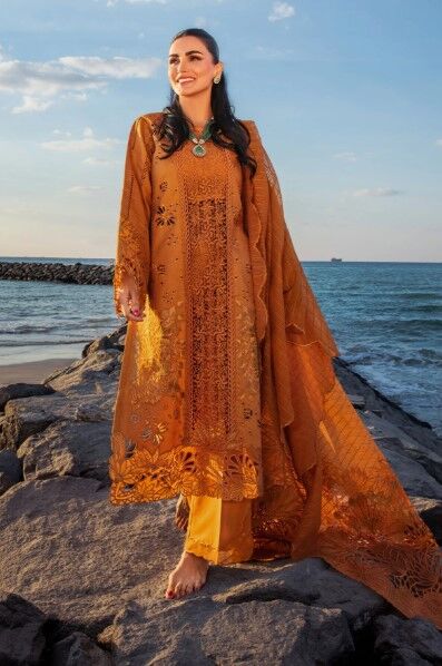 Luxurious Schiffli embroidered dress with intricate lacework, crafted for elegance and sophistication.