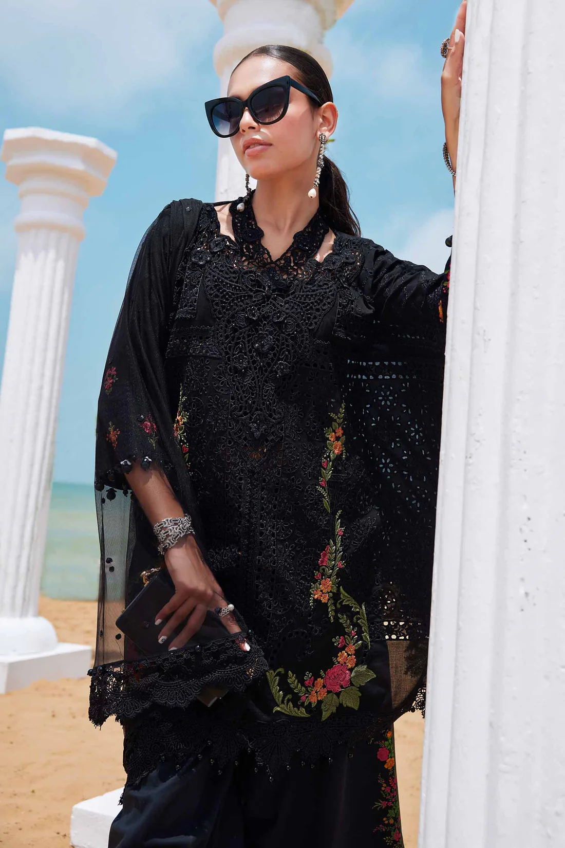 Maria B Noirelle – Cutwork Embroidered Black Suit Black Noirelle suit with detailed cutwork embroidery and botanical threadwork