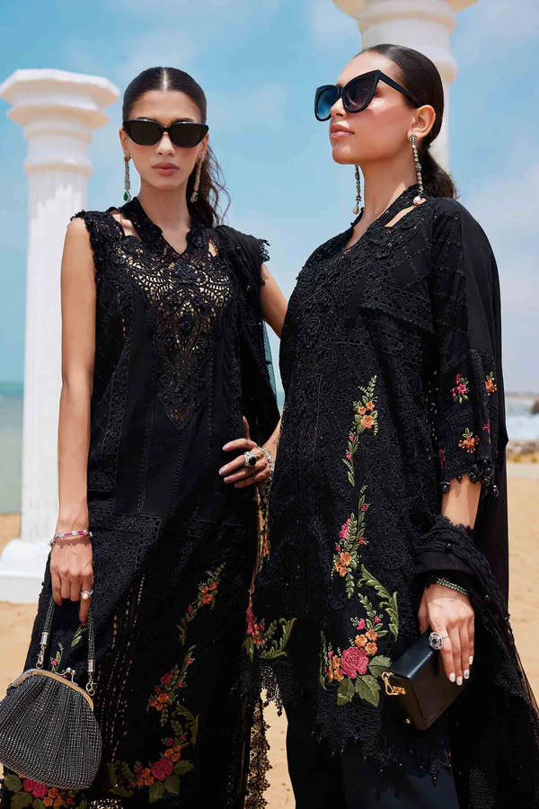 Maria B Noirelle – Black Floral Cutwork Ensemble Maria B Noirelle 3‑piece black suit with botanical embroidery and lace dupatta