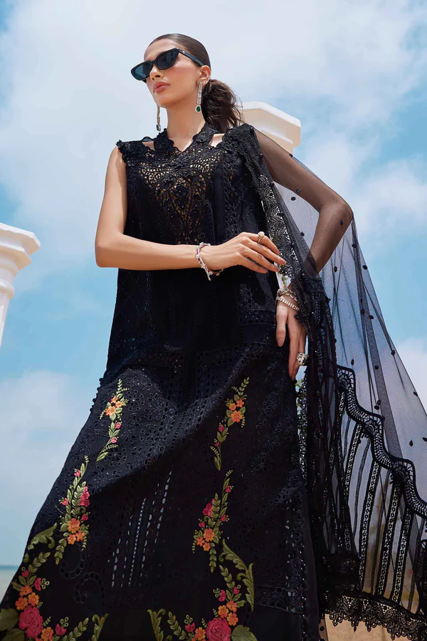 Maria B Noirelle – Elegant Black Embroidered Suit Noirelle black suit with baroque‑style floral embroidery and lace‑edged dupatta