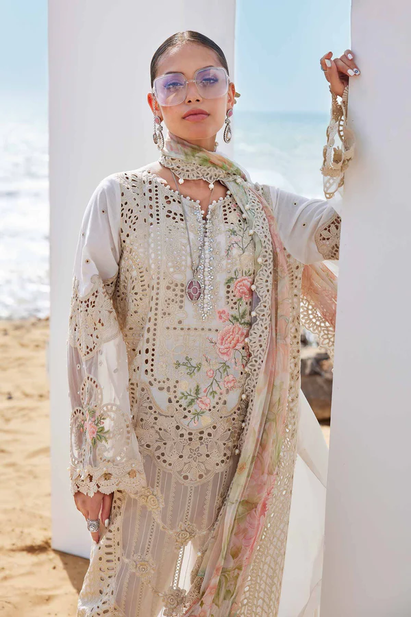 Maria B Solaira embroidered net shirt with 3D floral motifs and cutwork lace