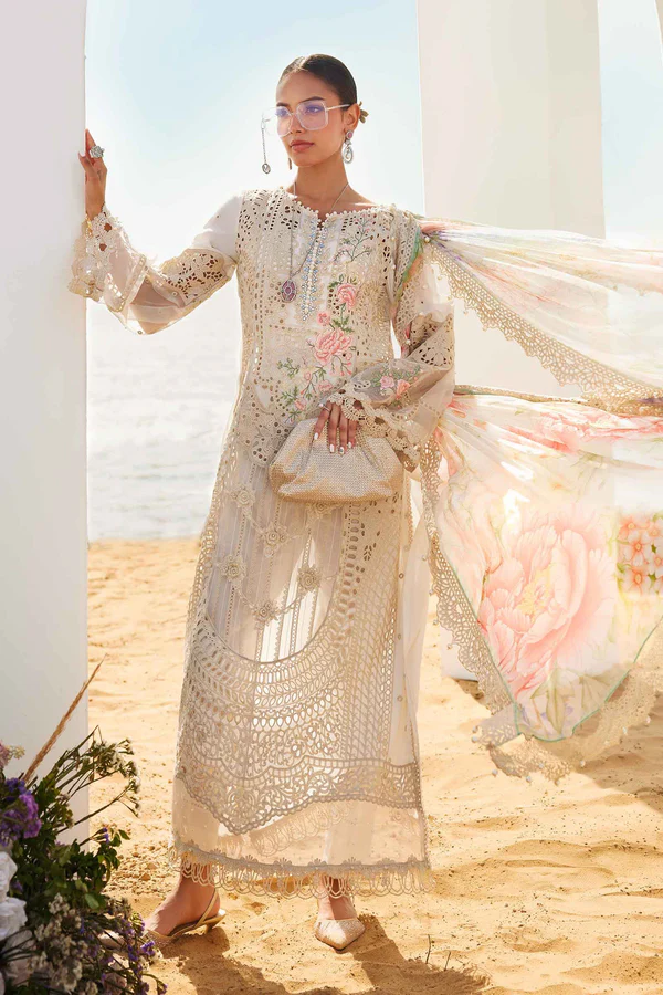 Maria B Solaira Luxury Net Suit with Organza Dupatta Ivory Solaira suit featuring delicate threadwork on net and printed organza dupatta