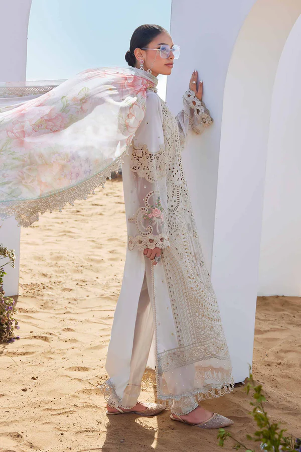 Maria B Solaira – 3 Piece Ivory Embroidered Ensemble Close-up of Solaira’s cutwork lace and embroidered florals on net fabric