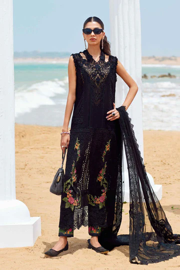 Maria B Noirelle sleeveless black ensemble with cutwork embroidery and floral motifs