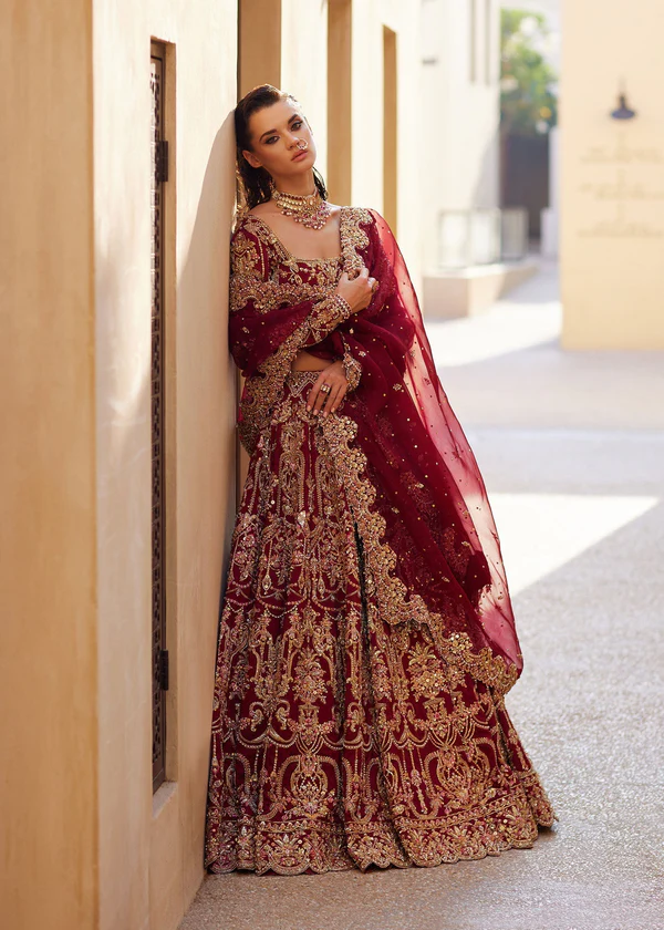 Designer Bridal Outfit for Wedding Season Maroon heavily embroidered Pakistani bridal wedding lehenga choli with dupatta and zari handwork for wedding wear