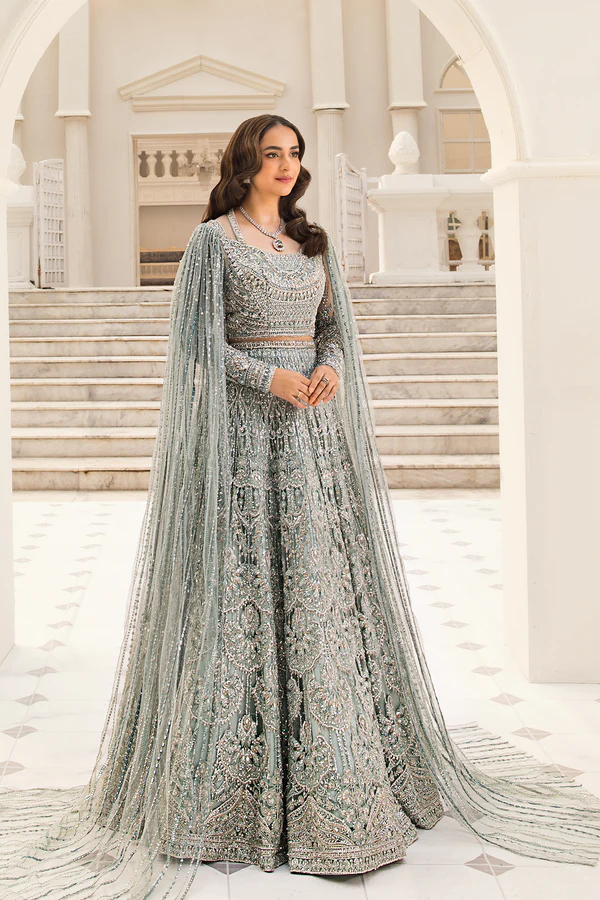 Erum Khan Minty Breeze luxury bridal dress with delicate embroidery and elegant mint shade. Erum Khan – Minty Breeze Luxury Outfit