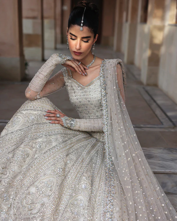 Designer Silver Attire with Detailed Embroidery Elegant silver dress with a dupatta and blouse