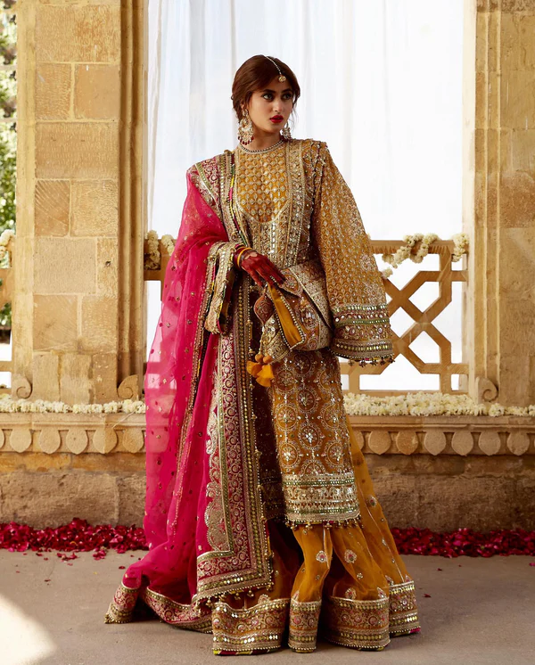 Elegant bridal outfit MNR Sagar Kinaray with intricate embroidery and rich colors, perfect for a regal wedding look.