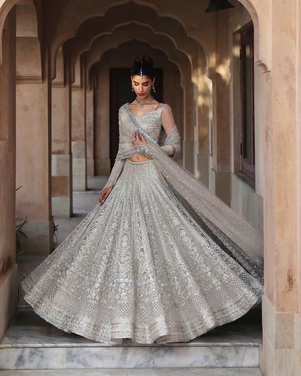 Timeless Wedding Outfit Shade of Silver Stylish bridal dress in silver with graceful details