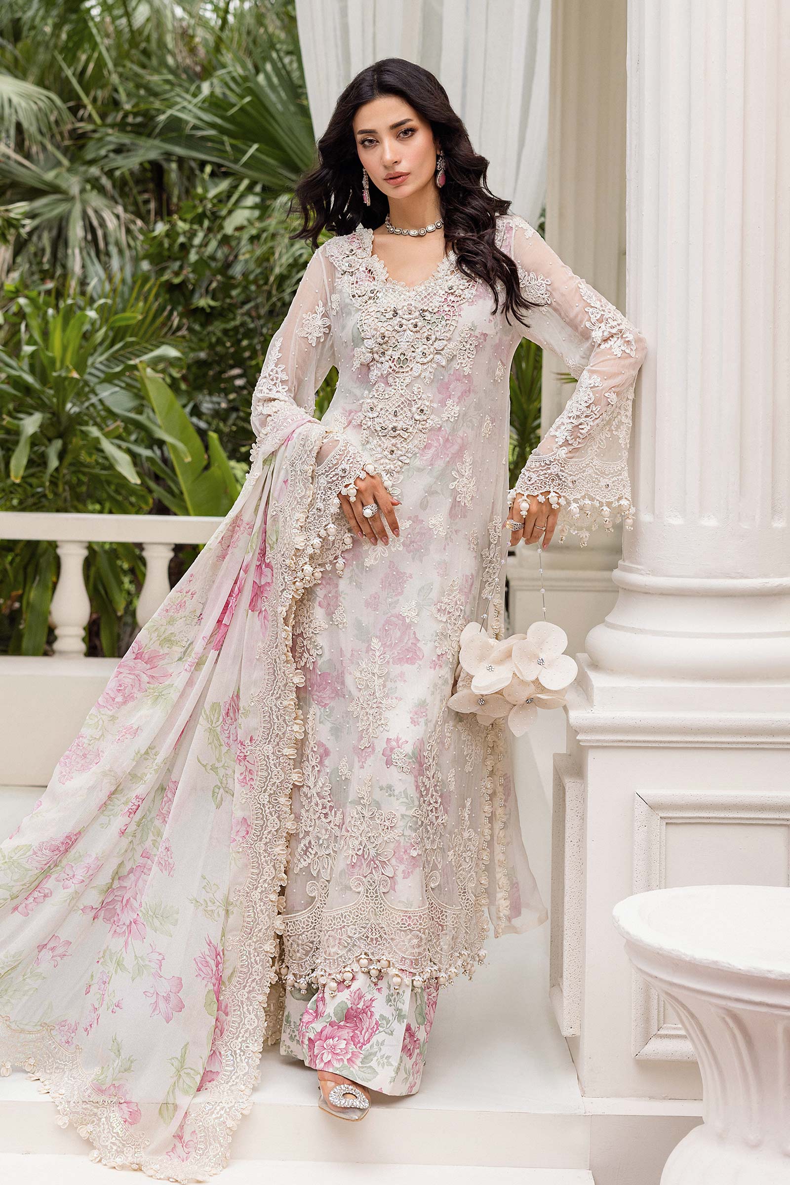 Elegant 3 piece unstitched chiffon suit with embroidery and printed dupatta
