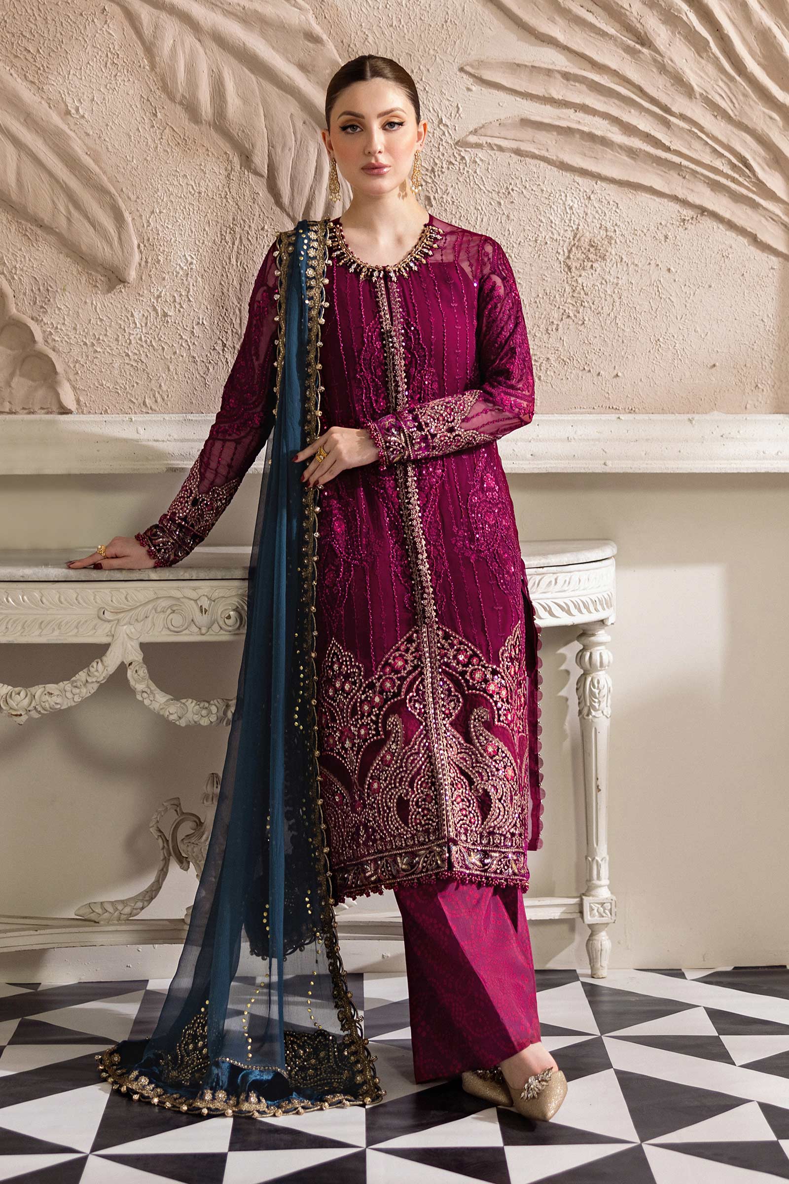 Maria B Collections PK – Magenta embroidered chiffon suit with blue dupatta and velvet detailing