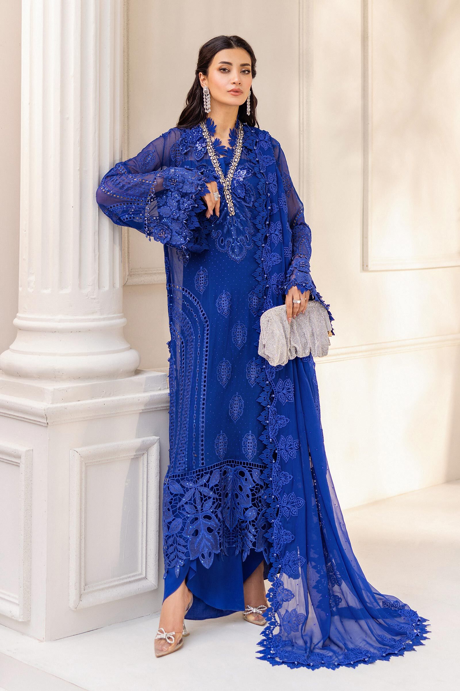 Maria B Chiffon Collection – Luxury Unstitched Outfit legant blue outfit from Maria B Chiffon Collection with delicate embroidery and premium fabric.