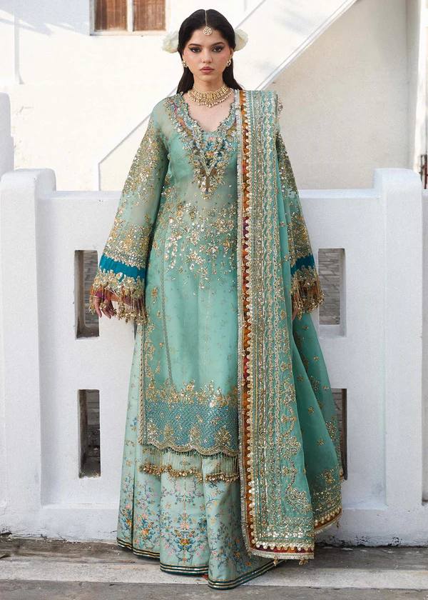 Hussain Rehar Elysian festive wear in aqua blue with golden embroidery