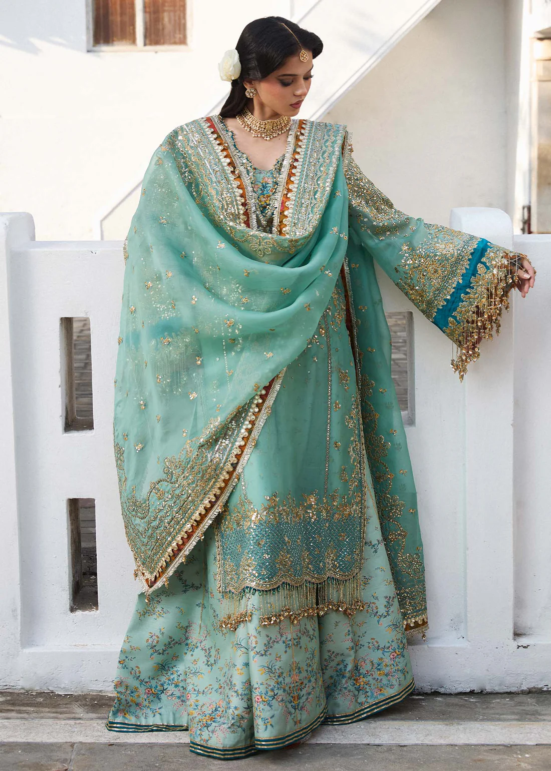 Designer Festive Wear – Elegant Aqua Outfit with Dupatta & Tassels Traditional Pakistani formal dress with back-tie blouse and embellished dupatta