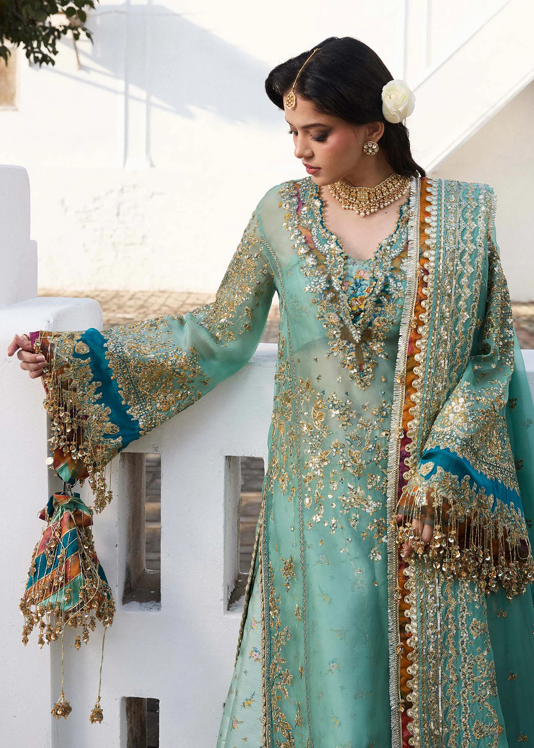 Aqua Blue Chiffon Formal by Hussain Rehar for Weddings & Festives Designer aqua bridal dress featuring handwork and luxury embellishments