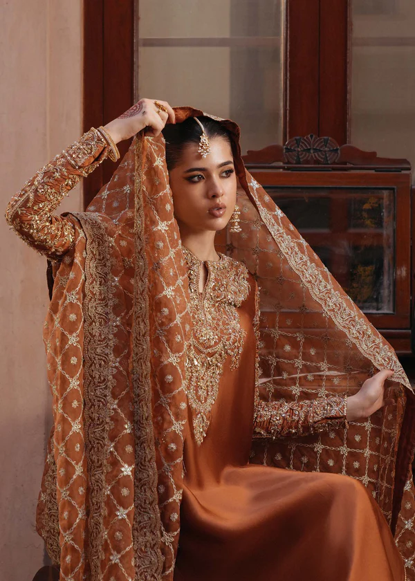 Amber Glow Bridal/Festive Outfit Kanwal Malik Amber Glow outfit made of chiffon with shirt, trousers, and heavy dupatta.