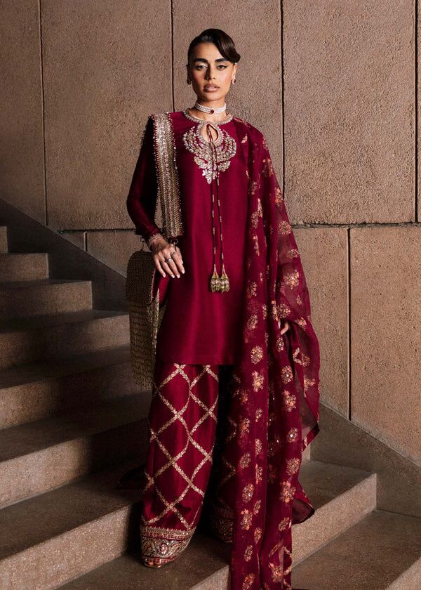 Maroon embroidered gharara suit with dupatta for festive wear