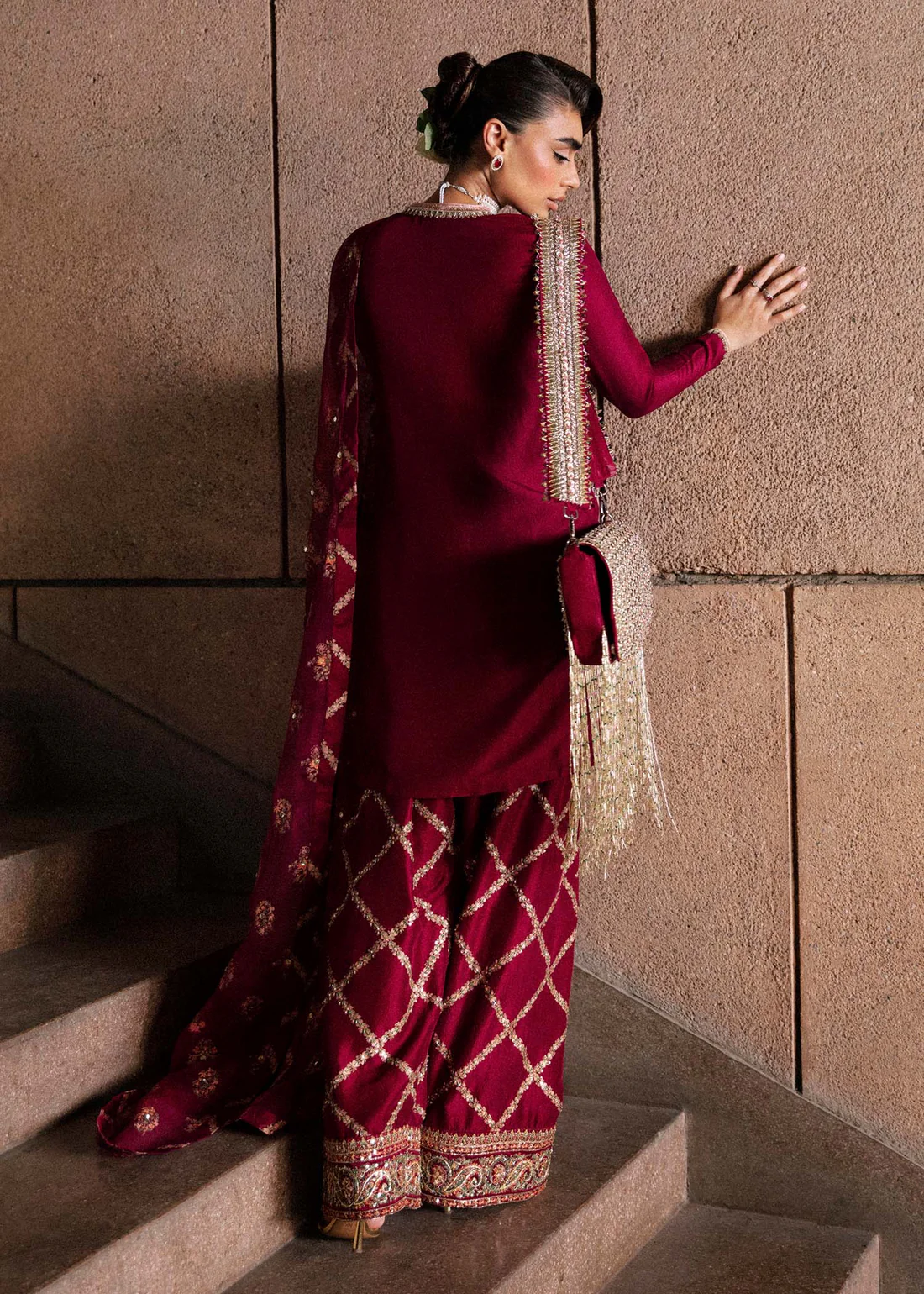 Elegant Maroon Kurta and Gharara Pants with Embellished Dupatta Hussain Rehar Regalia inspired maroon gharara suit with dupatta