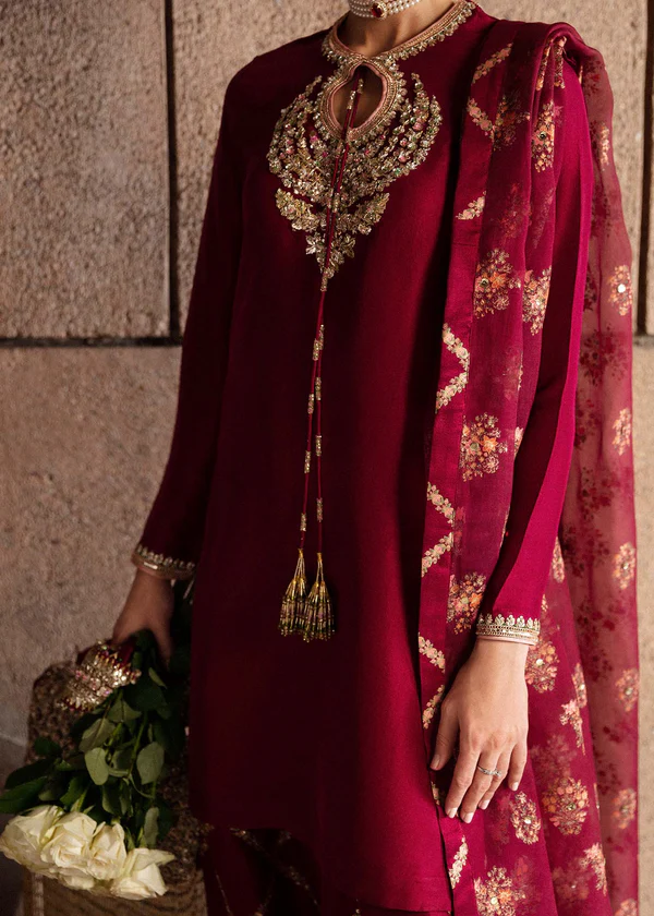 Premium Embroidered Gharara Suit for Wedding & Formal Events Festive maroon 3 piece embroidered gharara suit with gold work