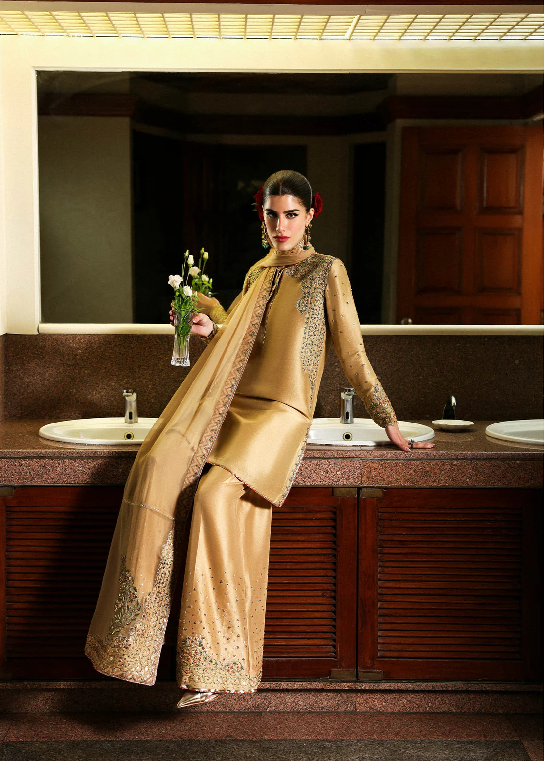 Traditional Golden Set – New Stylish Mashaim Formal Collection Traditional Pakistani gold outfit with intricate thread and beadwork