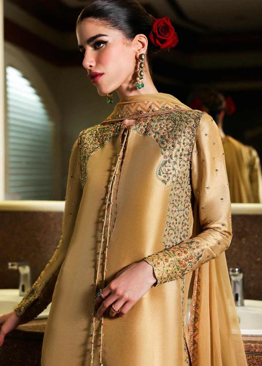 Elegant Gold Silk Outfit with Palazzo Pants and Dupatta Luxurious gold silk formal outfit with fine hand embroidery