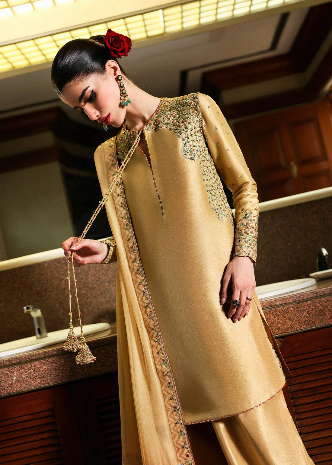 Designer Embroidered Golden Suit for Formal Events and Weddings Designer light festive wear with embellished neckline and sleeves
