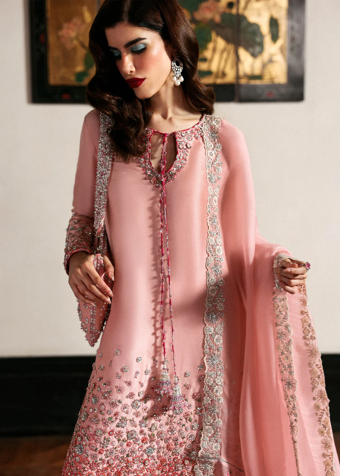 Stylish Pakistani Party Wear in Pink Shade Luxury chiffon outfit with embroidered trousers and chiffon dupatta