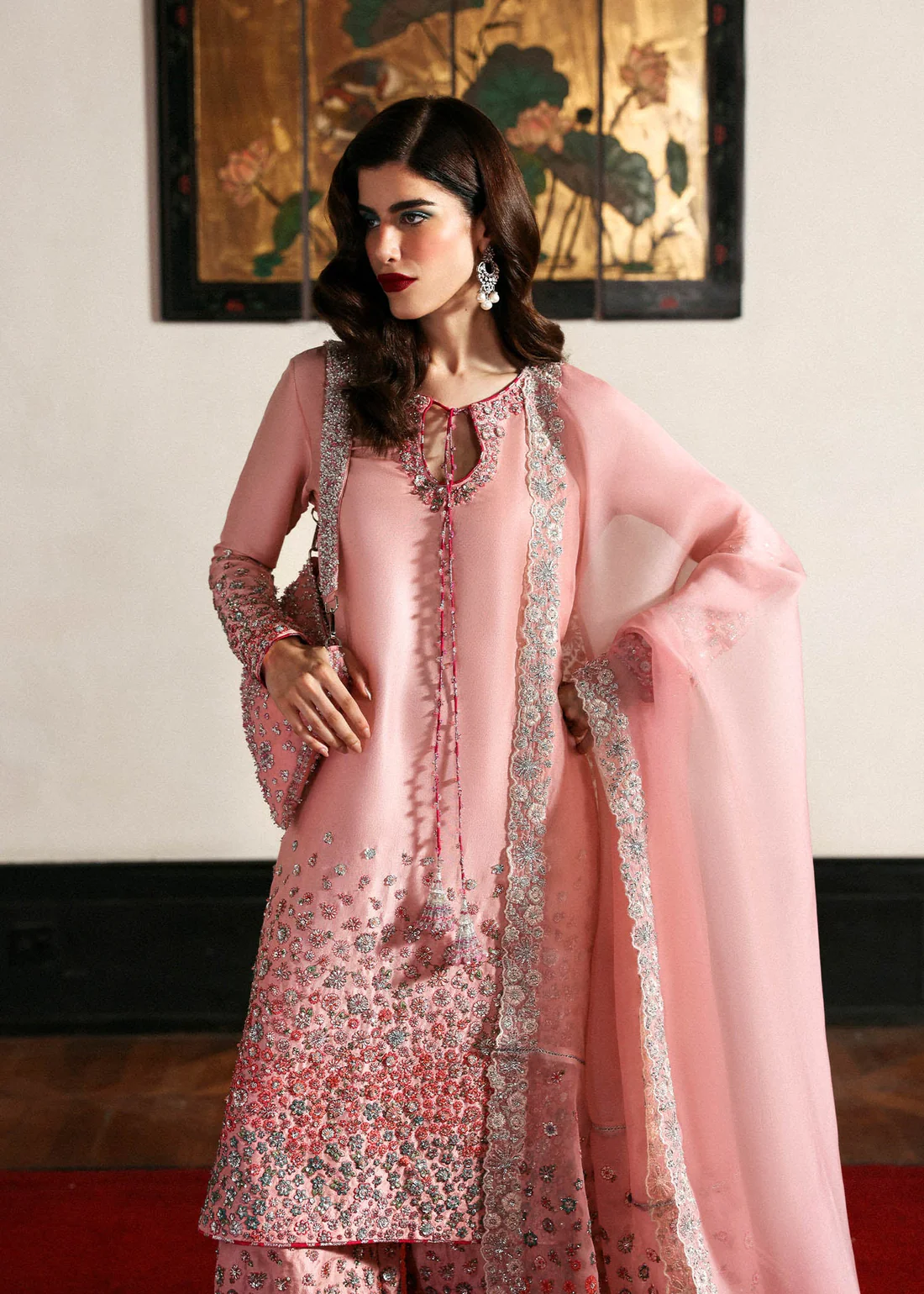 Beautifully Designed Pink Dress for Special Occasions Festive pastel outfit with embroidered skirt and chiffon dupatta