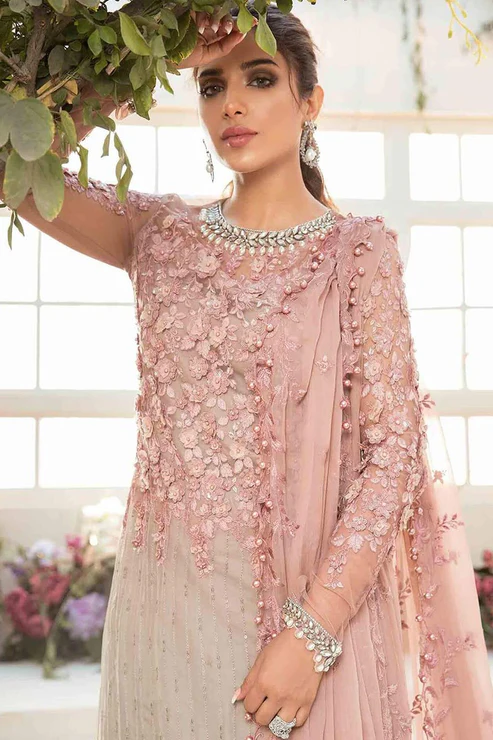 Soft Pink Embroidered Chiffon Dress for Women Soft pink designer embroidered chiffon formal dress featuring elegant floral design