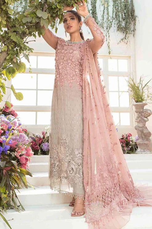 Elegant Pastel Embroidered Formal Dress for Women with Floral Embroideries and Soft Chiffon Fabric