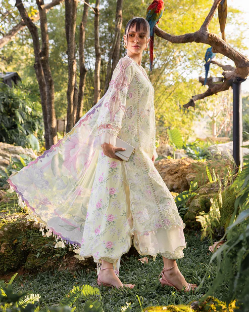 Pariza White Embroidered 3 Piece Suit – Charming Outfit by Popular Pakistani Fashion Brand Sophisticated Pariza white 3 piece suit with butterfly embroidery and lace from popular Pakistani fashion brand