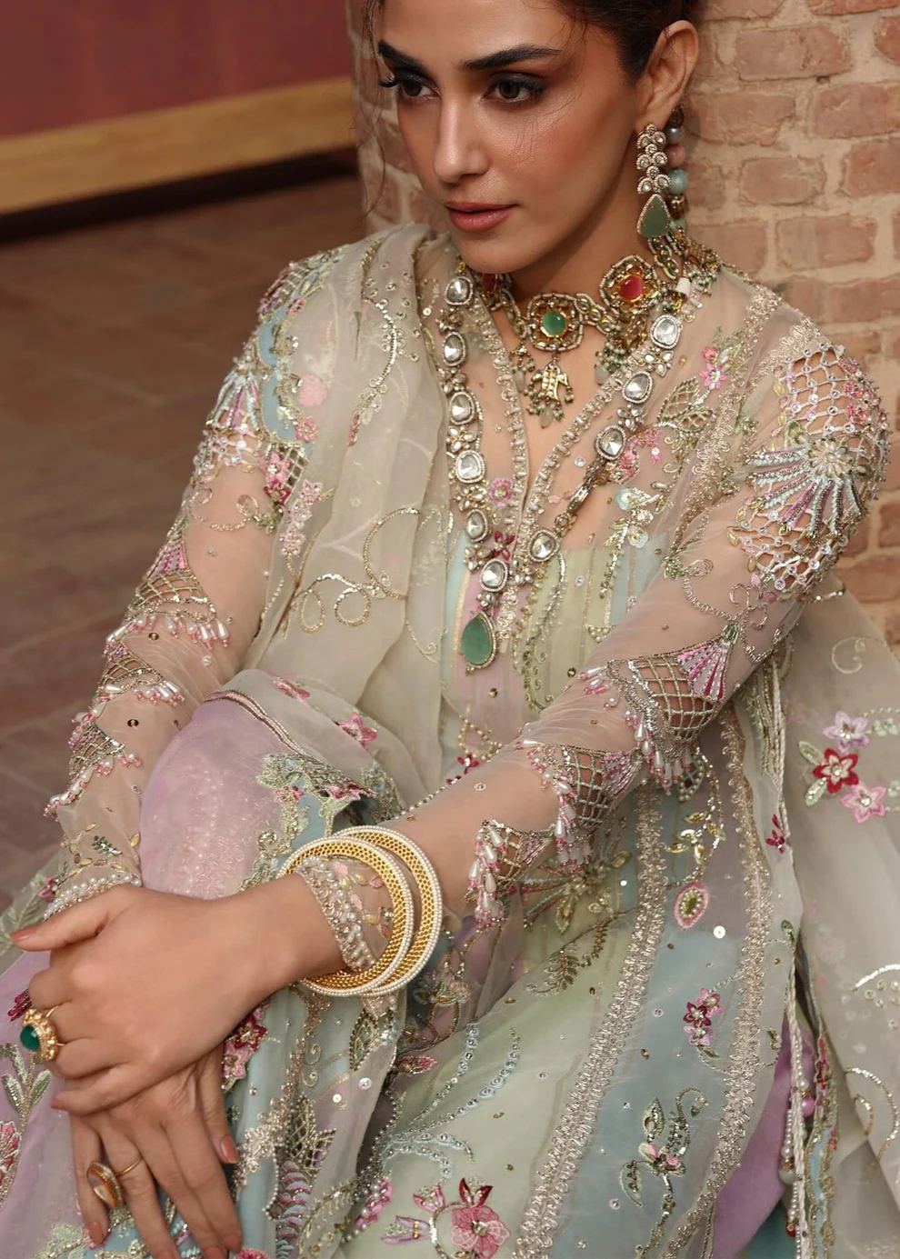 Pastel Multi-Colored Heavily Embroidered Net Long Lehenga Suit Multi-colored heavily embroidered pastel pink and mint green wedding guest dress 2026