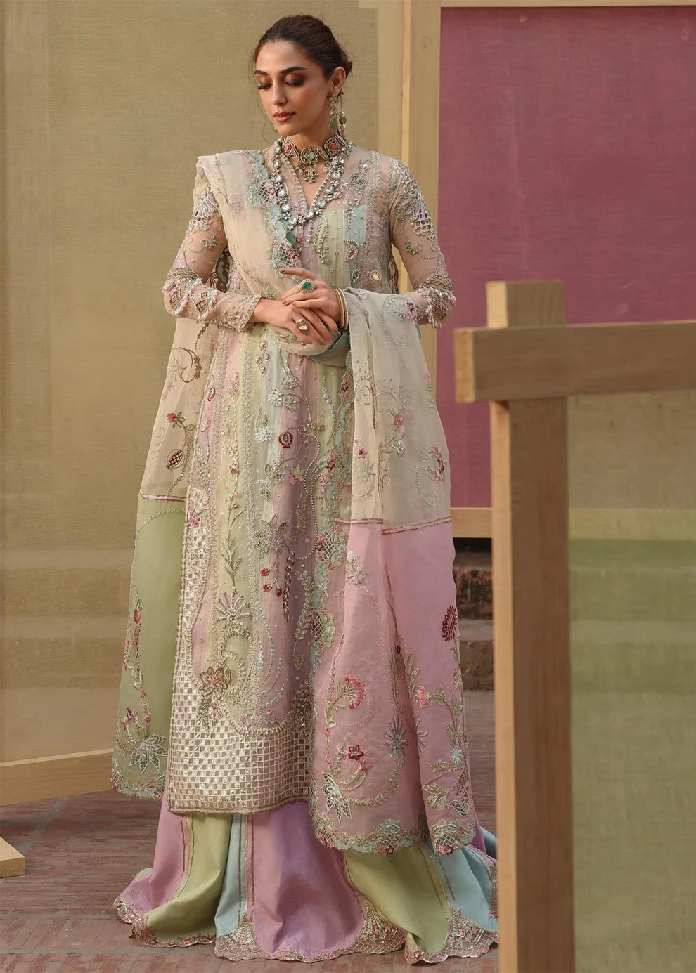wear wedding guest dress 2026 net top with organza lehenga and scalloped net dupatta