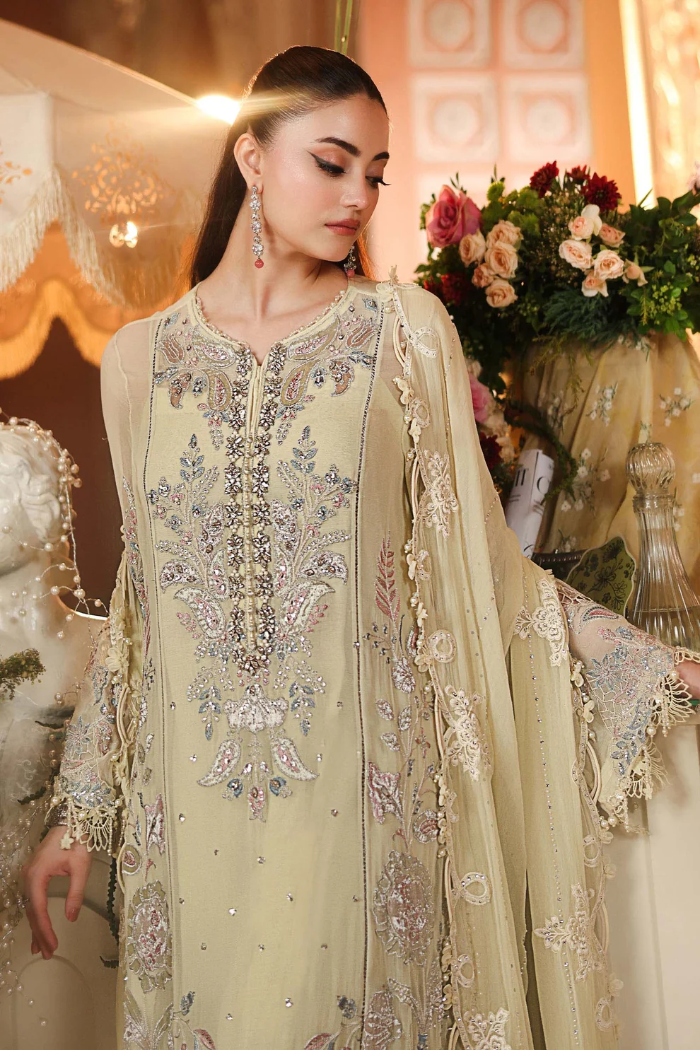 Pakistani Lady Dress in Embroidery with Pastel Color Pakistani dress for ladies with embroidery in pastel color